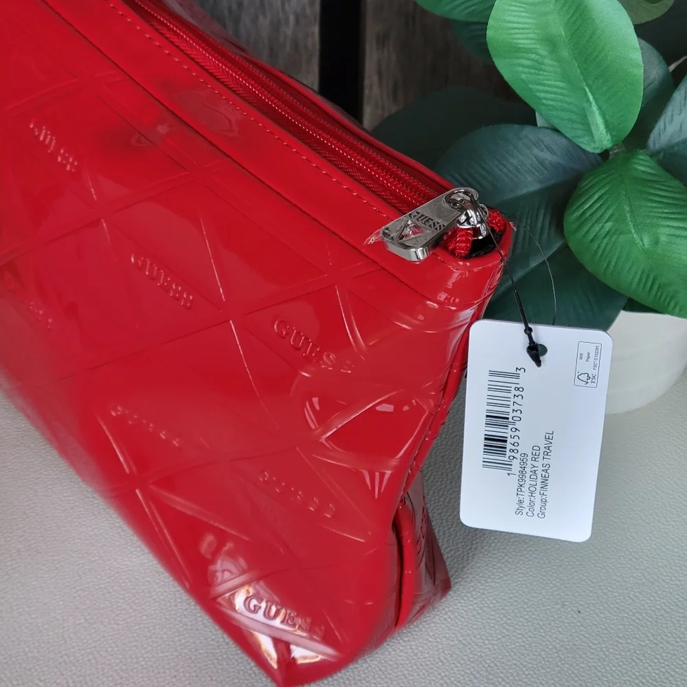 Red Patent GUESS Shiny Finish Embossed Cosmetic Zip Pouch
